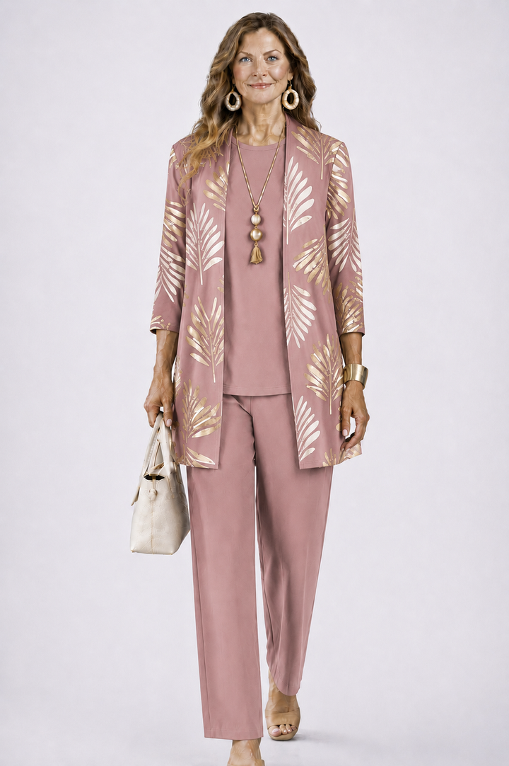 Margaret | Three-Piece Co-ord Set with Longline Cardigan and Printed Trousers