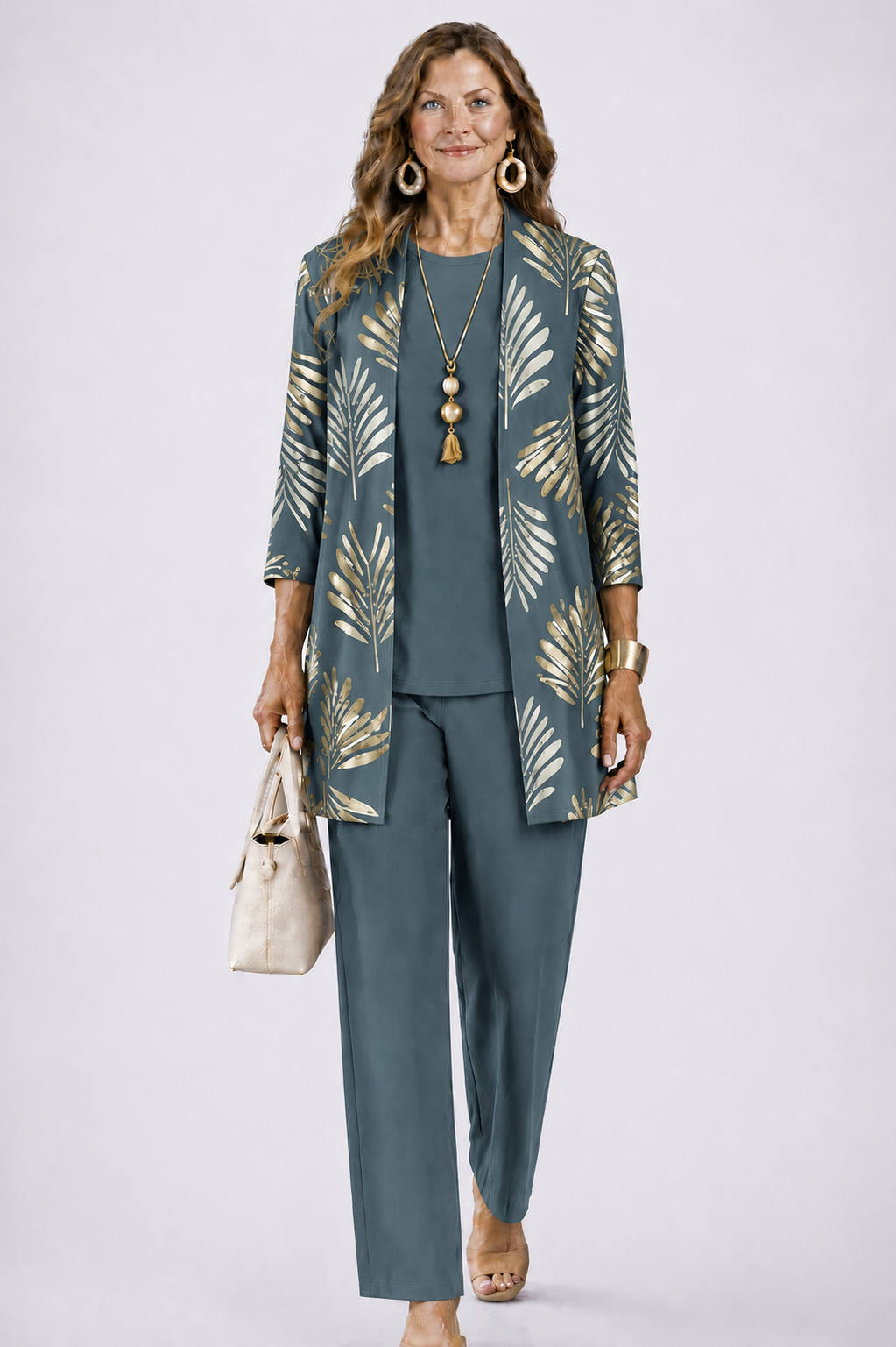 Iris | Three-Piece Cardigan, Top and Printed Trouser Set