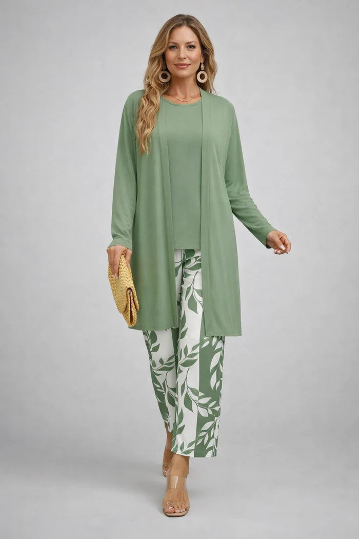 Margaret | Three-Piece Co-ord Set with Longline Cardigan and Printed Trousers