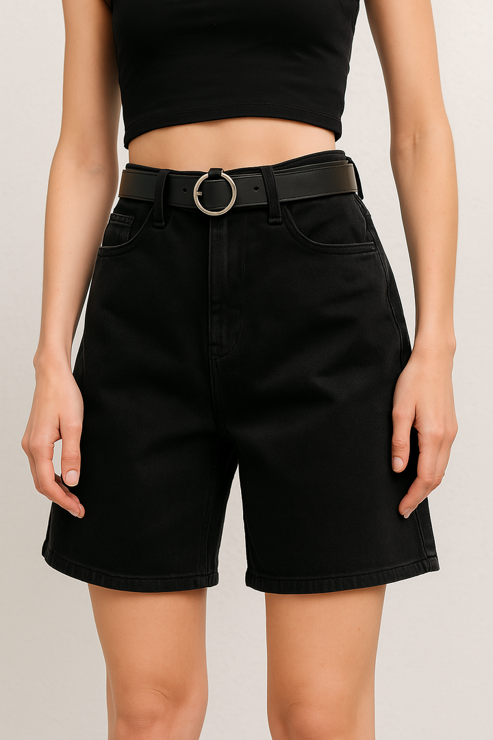Clara & Sophia | Blue High-Waist Frayed Hem Cotton Denim Shorts