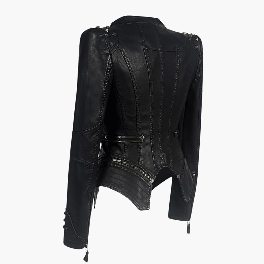 Elegant Black Leather Jacket for Women with Studded Shoulder Long Sleeve Peplum Biker Style