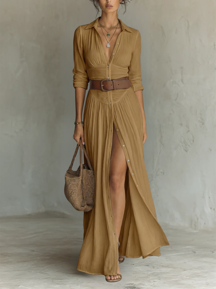 Elegant Maxi Dress with Notched Collar and Long Sleeves in Linen-Cotton