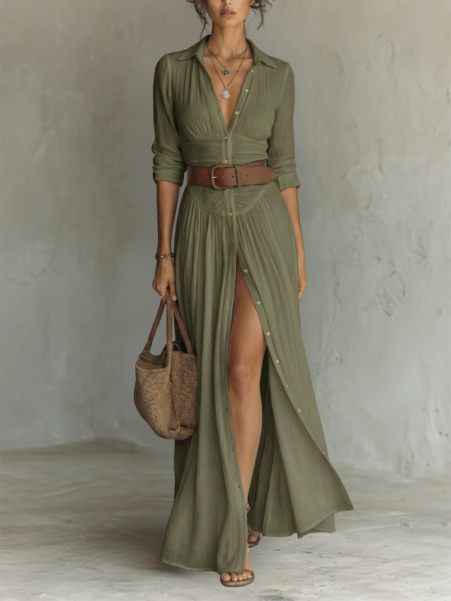 Elegant Maxi Dress with Notched Collar and Long Sleeves in Linen-Cotton