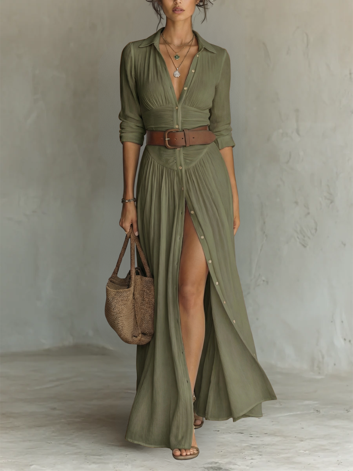 Elegant Maxi Dress with Notched Collar and Long Sleeves in Linen-Cotton