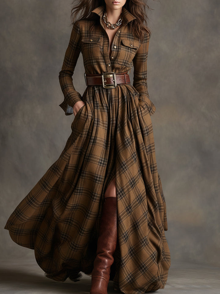 SIENNA – ELEGANT PLAID MAXI SHIRT DRESS
