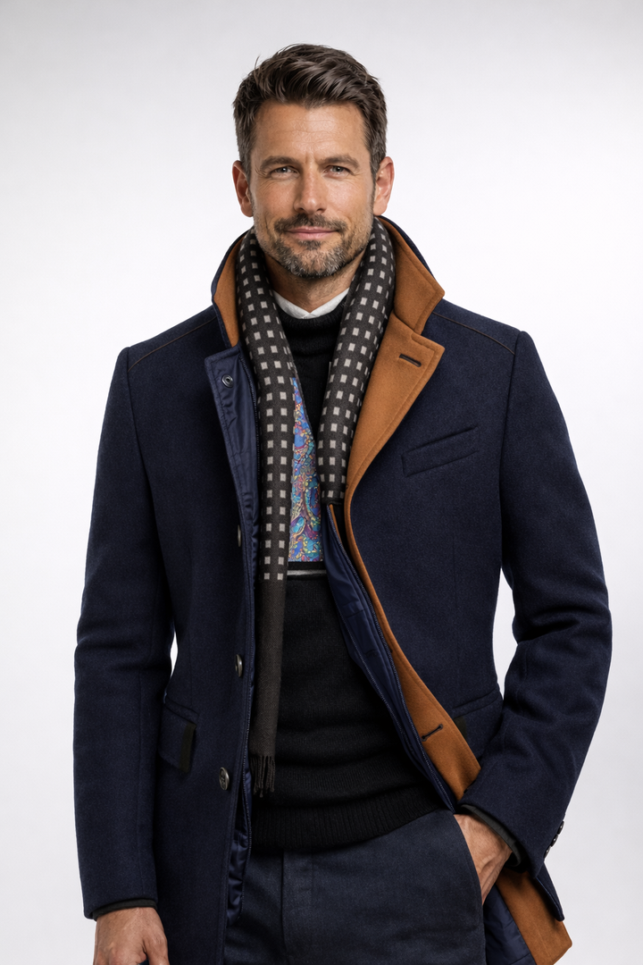 Wool Blend Overcoat with Notch Lapel Collar