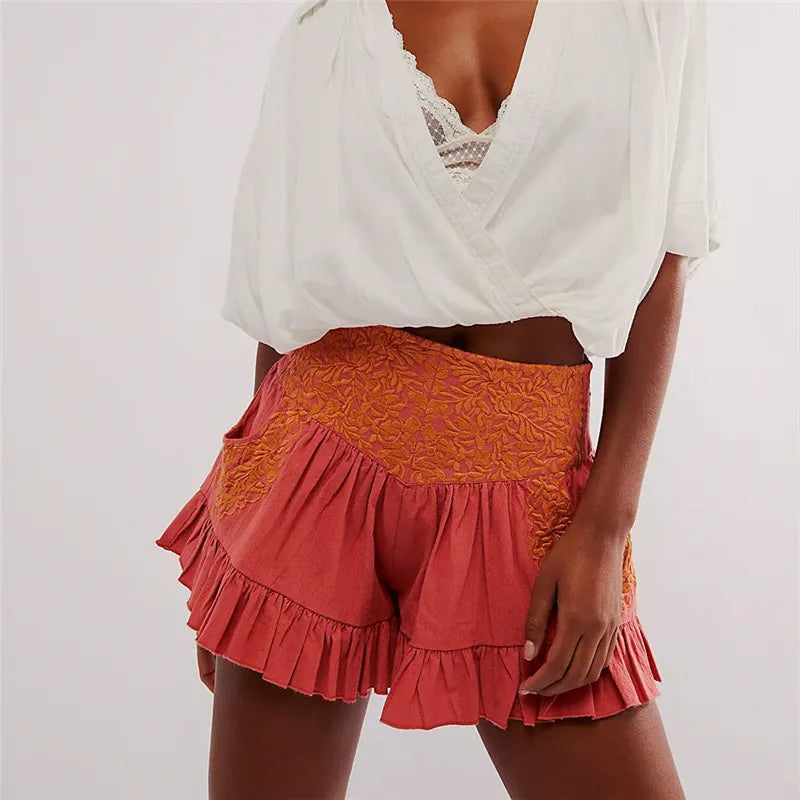 Clara & Sophia | Embroidered Ruffle Pocket Cotton Shorts