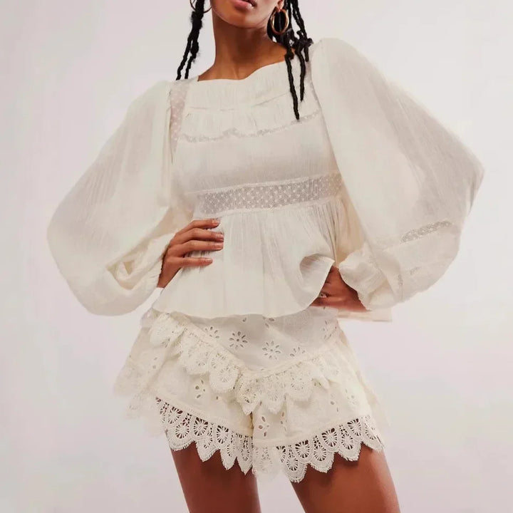 Clara & Sophia | Ivory High-Waist Scalloped-Hem Lace Shorts