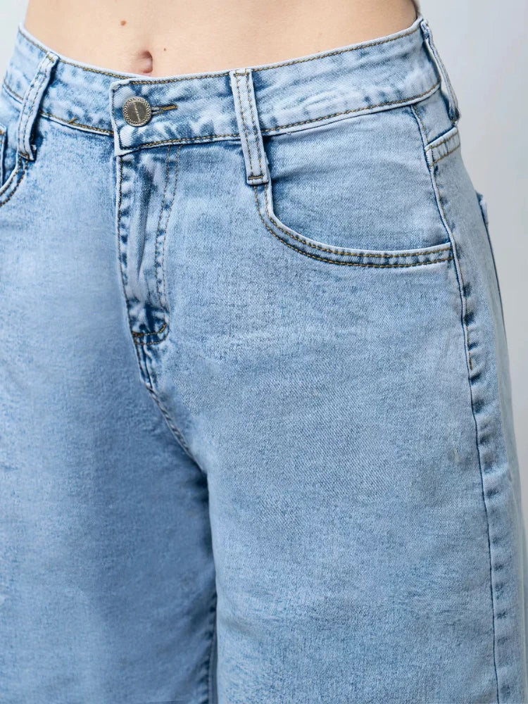 Clara & Sophia | Blue High-Waist Frayed Hem Cotton Denim Shorts
