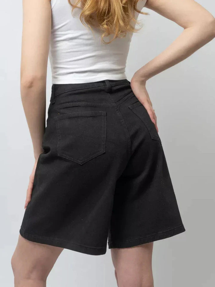 Clara & Sophia | Blue High-Waist Frayed Hem Cotton Denim Shorts