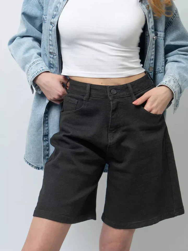 Clara & Sophia | Blue High-Waist Frayed Hem Cotton Denim Shorts