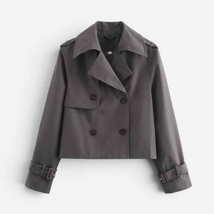Elegant Cropped Trench Jacket for Women with Notch Lapel Long Sleeve Double Breasted Belted Cuff Style