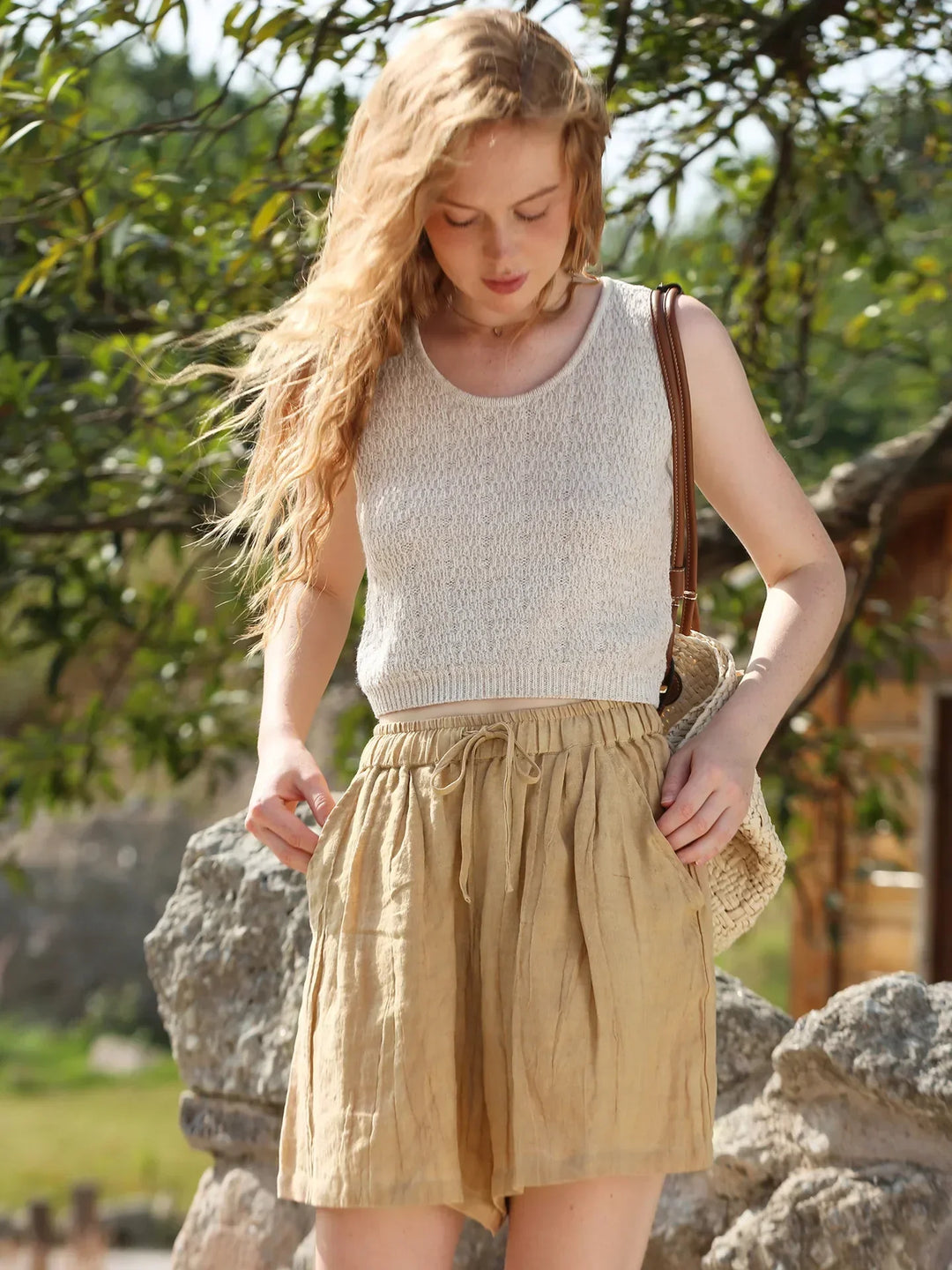 Clara & Sophia | Natural High-Waist Relaxed Fit Linen Shorts