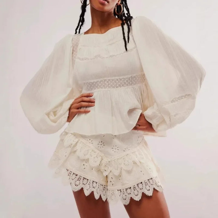 Clara & Sophia | Ivory High-Waist Scalloped-Hem Lace Shorts