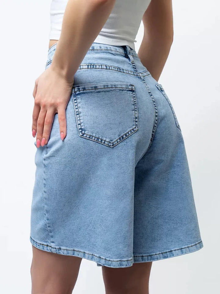 Clara & Sophia | Blue High-Waist Frayed Hem Cotton Denim Shorts