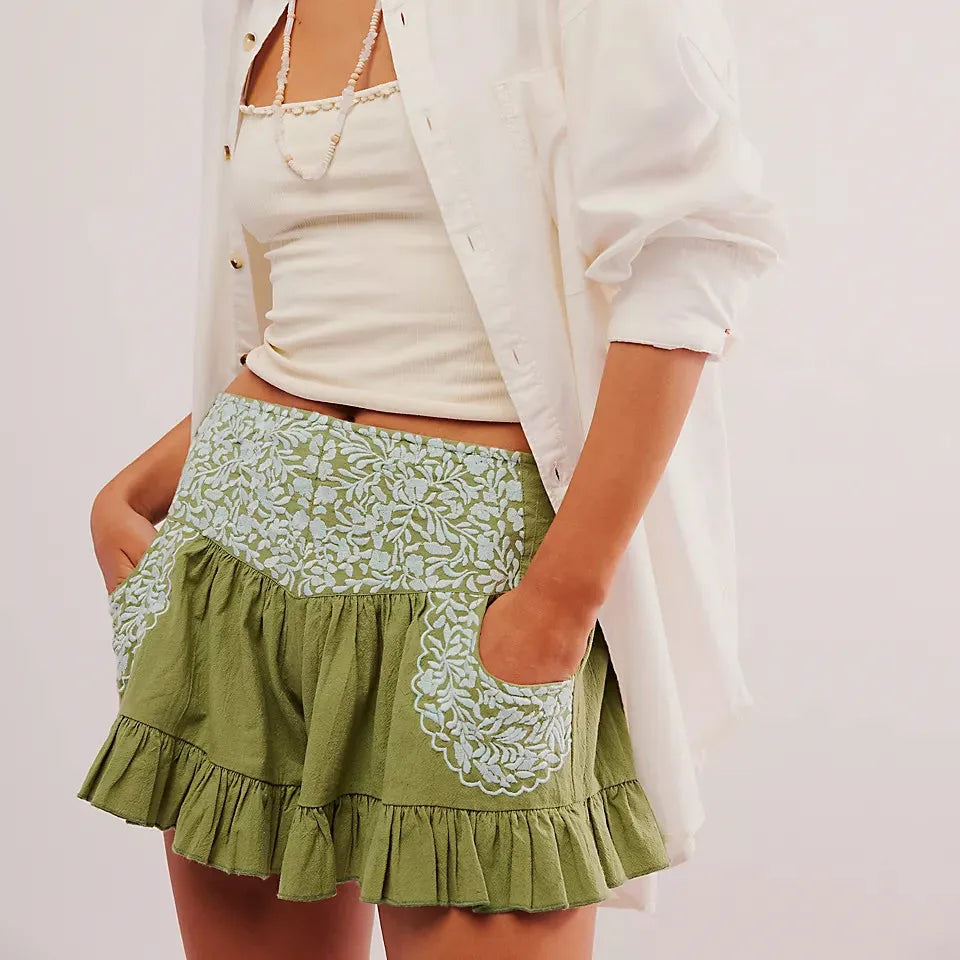 Clara & Sophia | Embroidered Ruffle Pocket Cotton Shorts