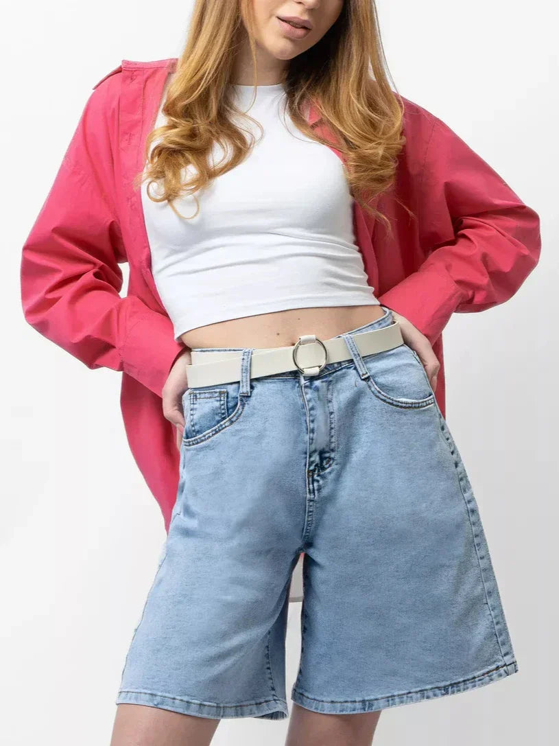 Clara & Sophia | Blue High-Waist Frayed Hem Cotton Denim Shorts