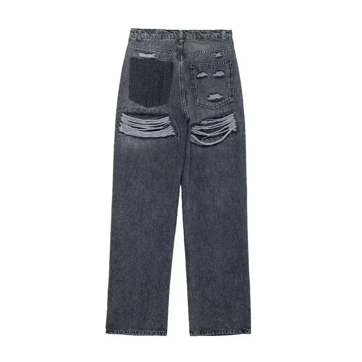 Effortless Distressed Wide Leg Jeans for Women with High Waisted Ripped Patch Relaxed Style