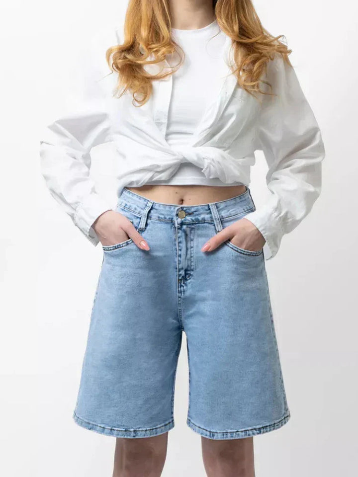 Clara & Sophia | Blue High-Waist Frayed Hem Cotton Denim Shorts
