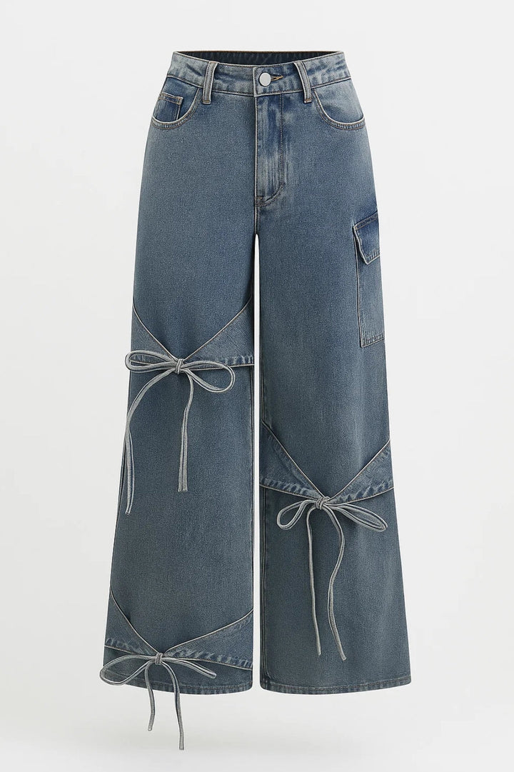 Effortless Blue Wide Leg Jeans for Women with High Waisted Bow Tie Detail Cargo Pocket Relaxed Style