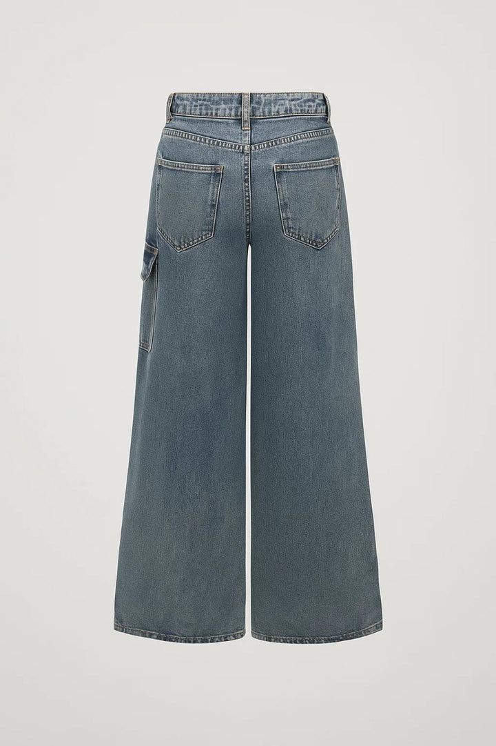 Effortless Blue Wide Leg Jeans for Women with High Waisted Bow Tie Detail Cargo Pocket Relaxed Style