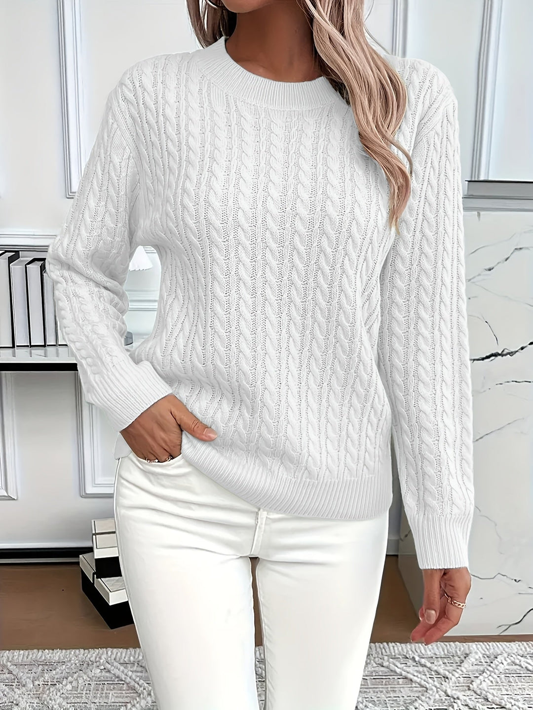 Comfortable Cable Knit Sweater for Women with Crew Neck Long Sleeve Relaxed Oversized Style