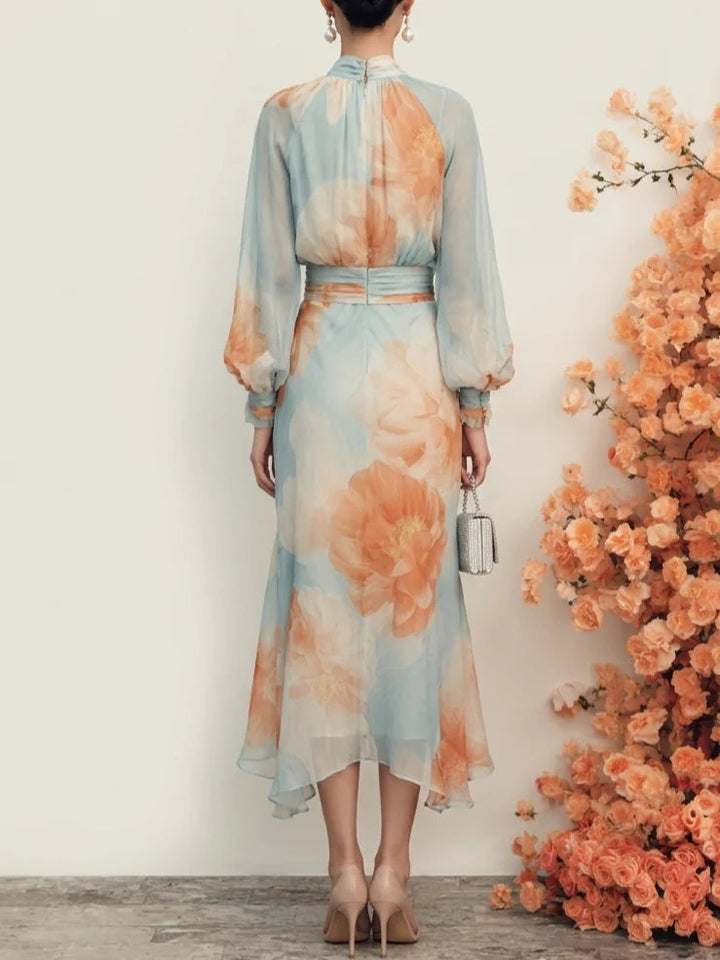 Romantic Floral Mock Neck Long Sleeve Top With Skirt Two-Piece Set