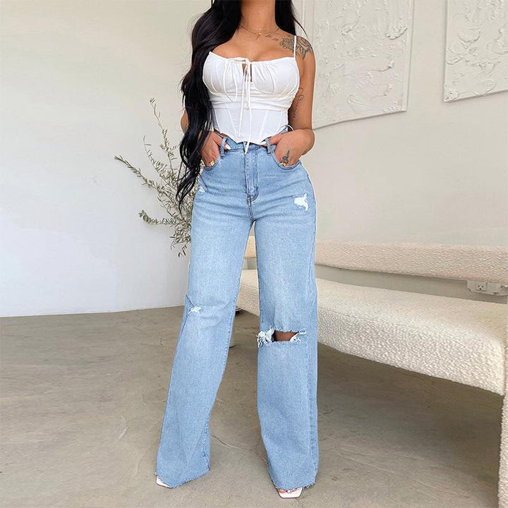Effortless Blue Wide Leg Jeans for Women with High Waisted Ripped Distressed Relaxed Style
