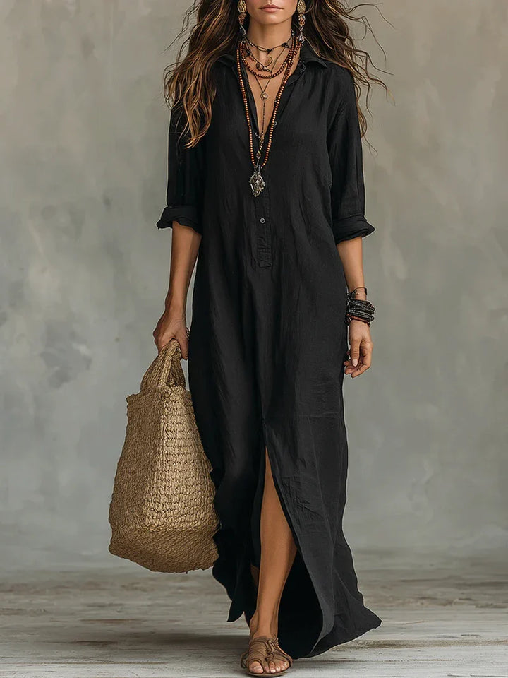Collared Button-Front Maxi Dress