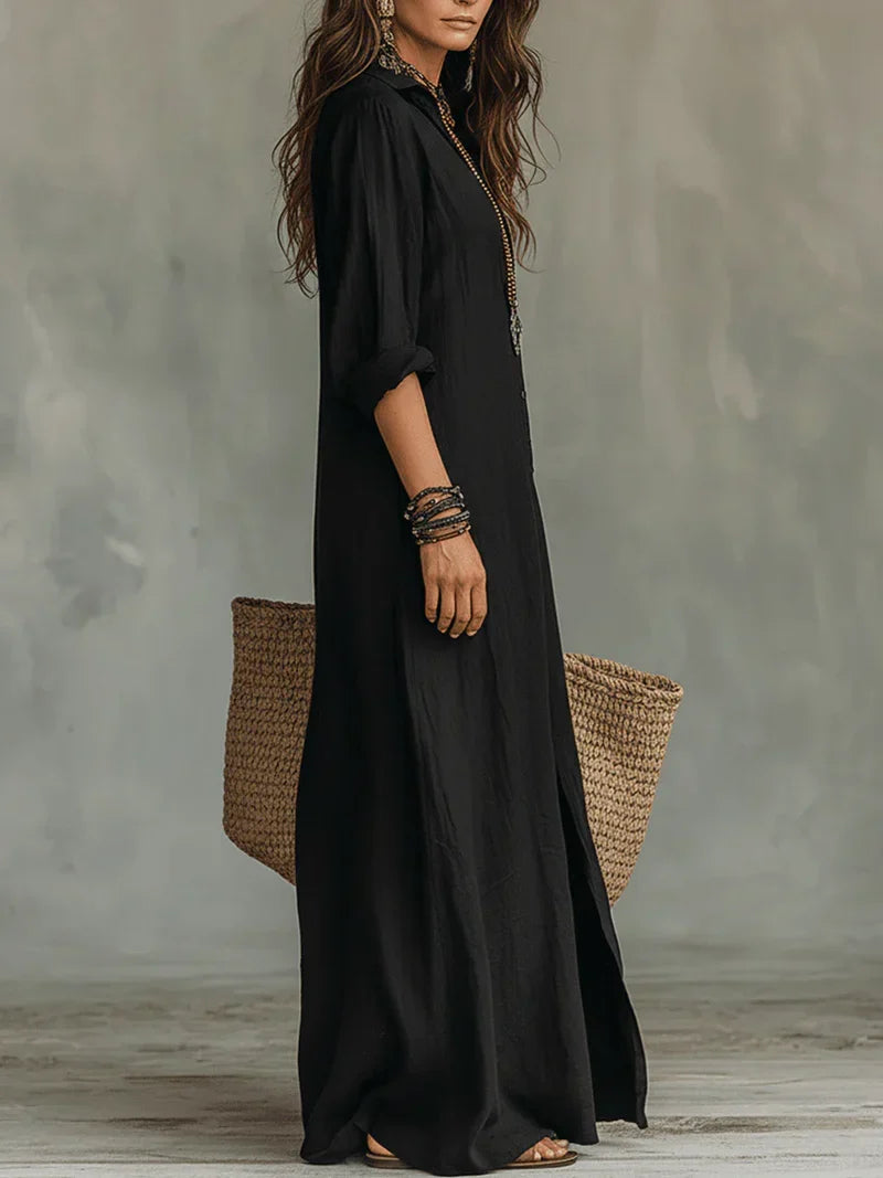 Collared Button-Front Maxi Dress