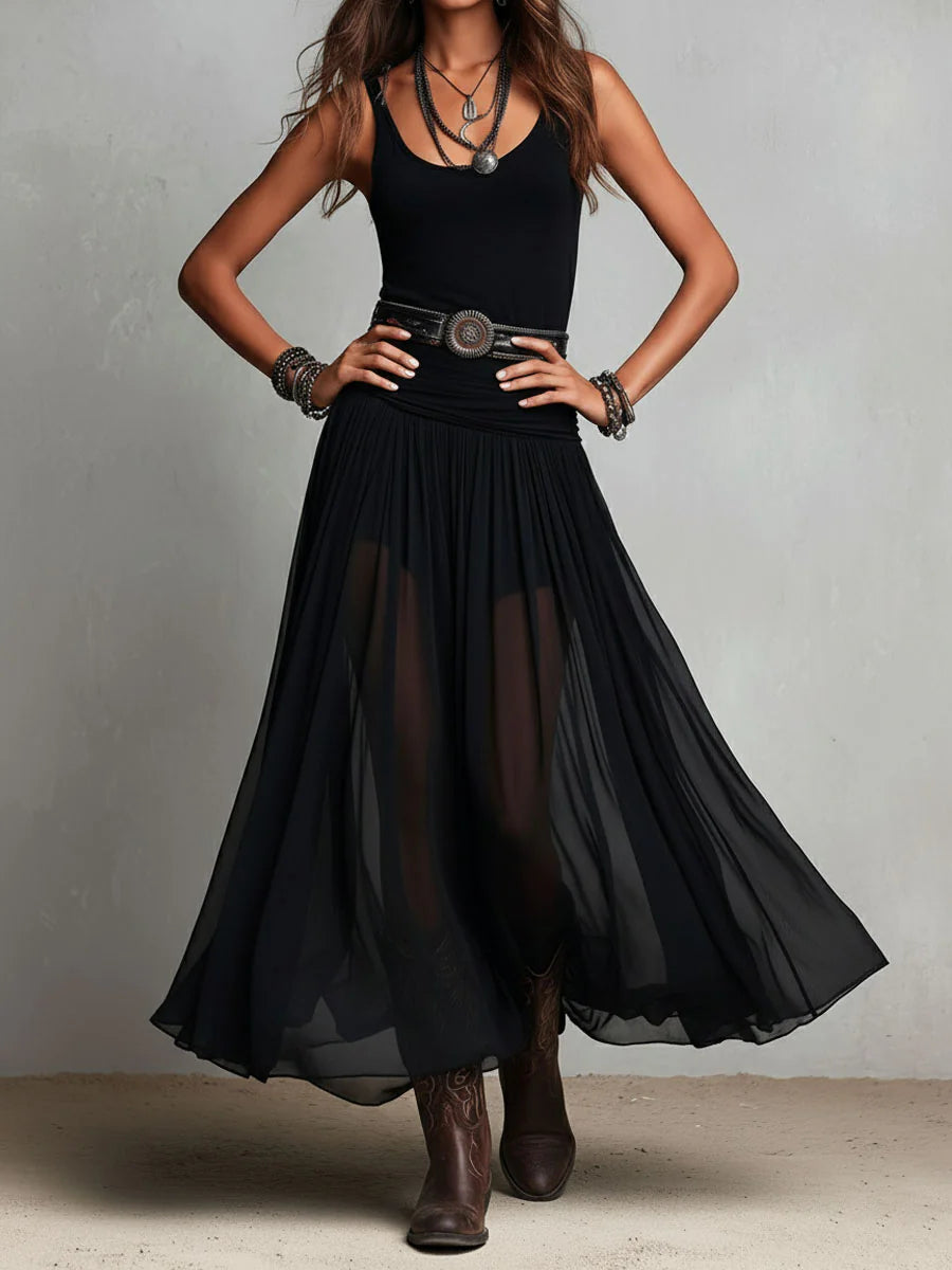 Black Sleeveless Tank Top With Tulle Skirt Maxi Dress(without belt)
