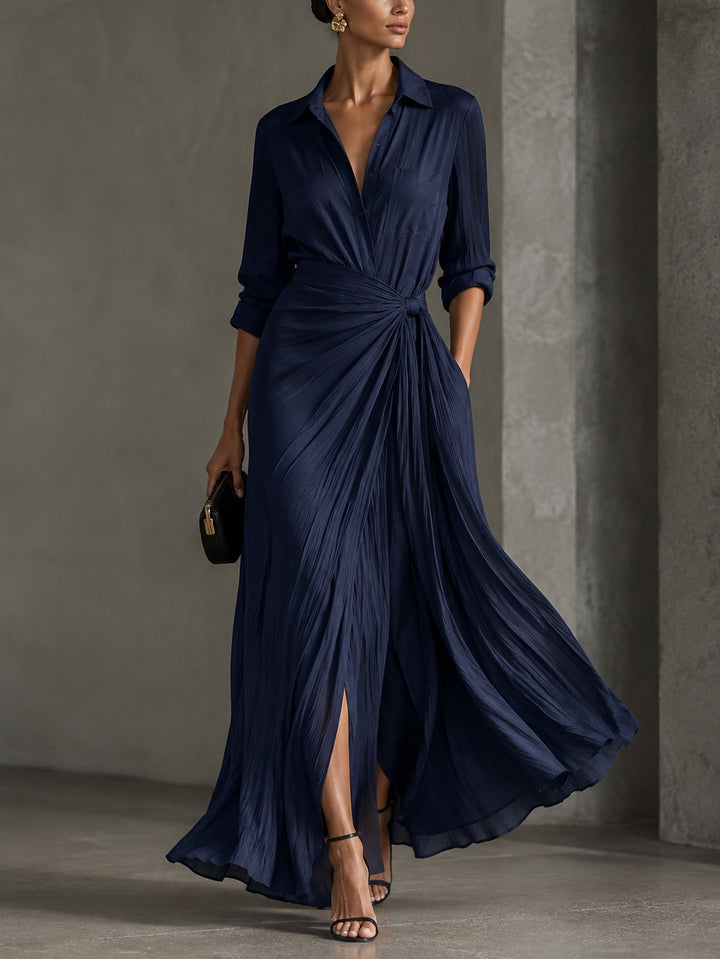 Elegant Navy Blue Knotted Maxi Shirt Dress