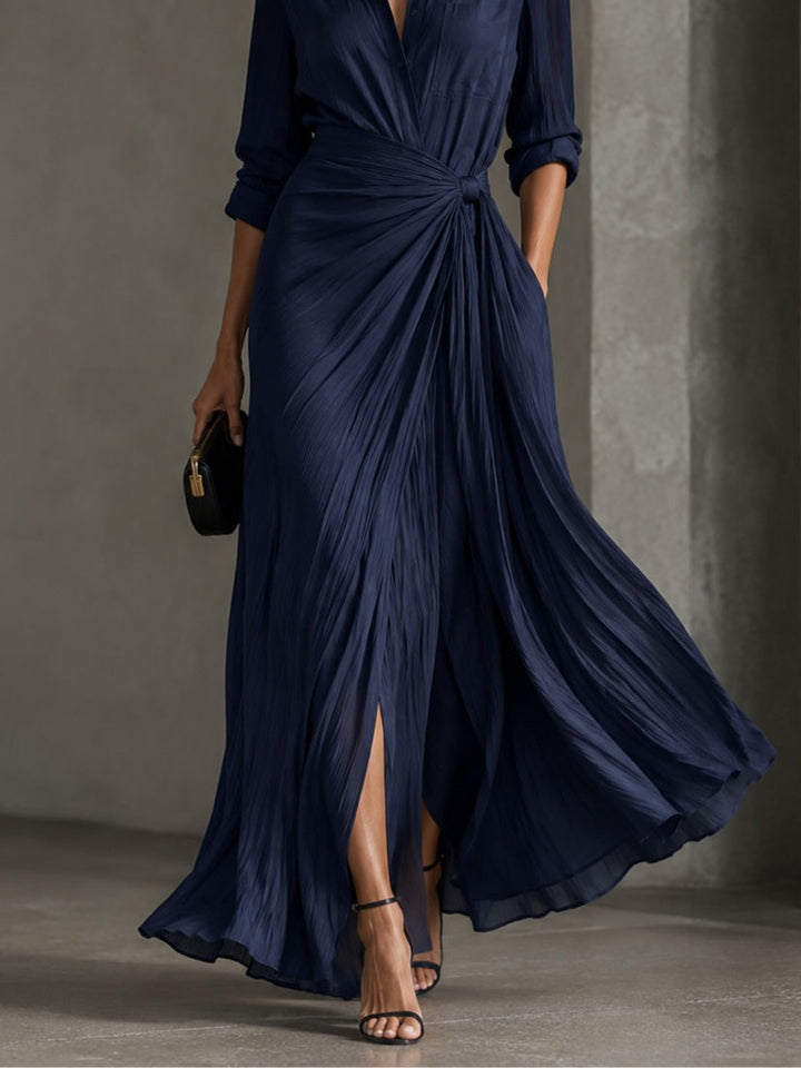Elegant Navy Blue Knotted Maxi Shirt Dress