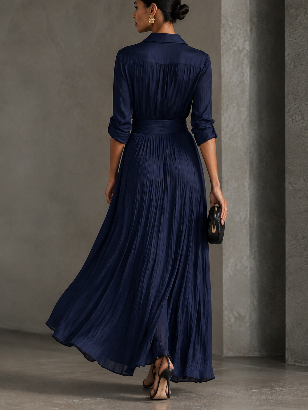 Elegant Navy Blue Knotted Maxi Shirt Dress