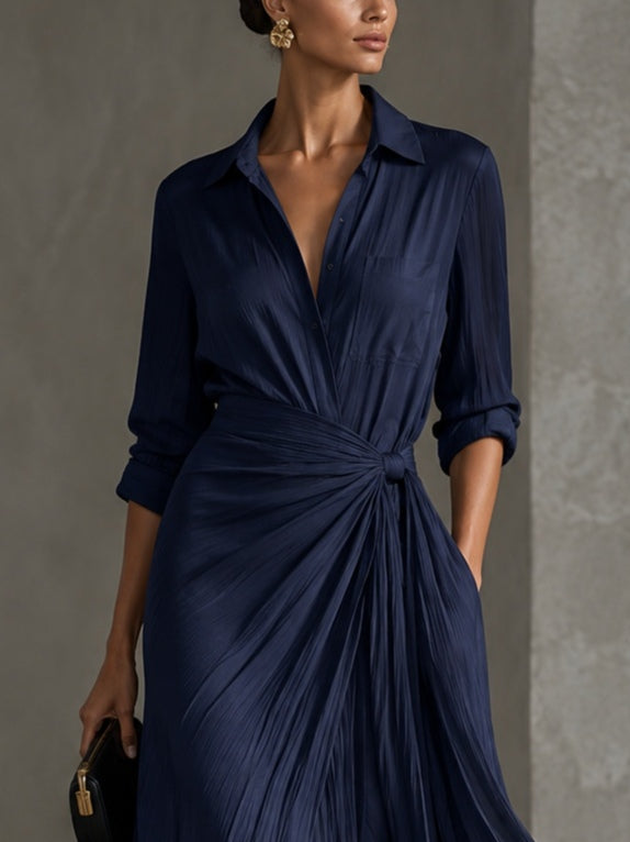Elegant Navy Blue Knotted Maxi Shirt Dress