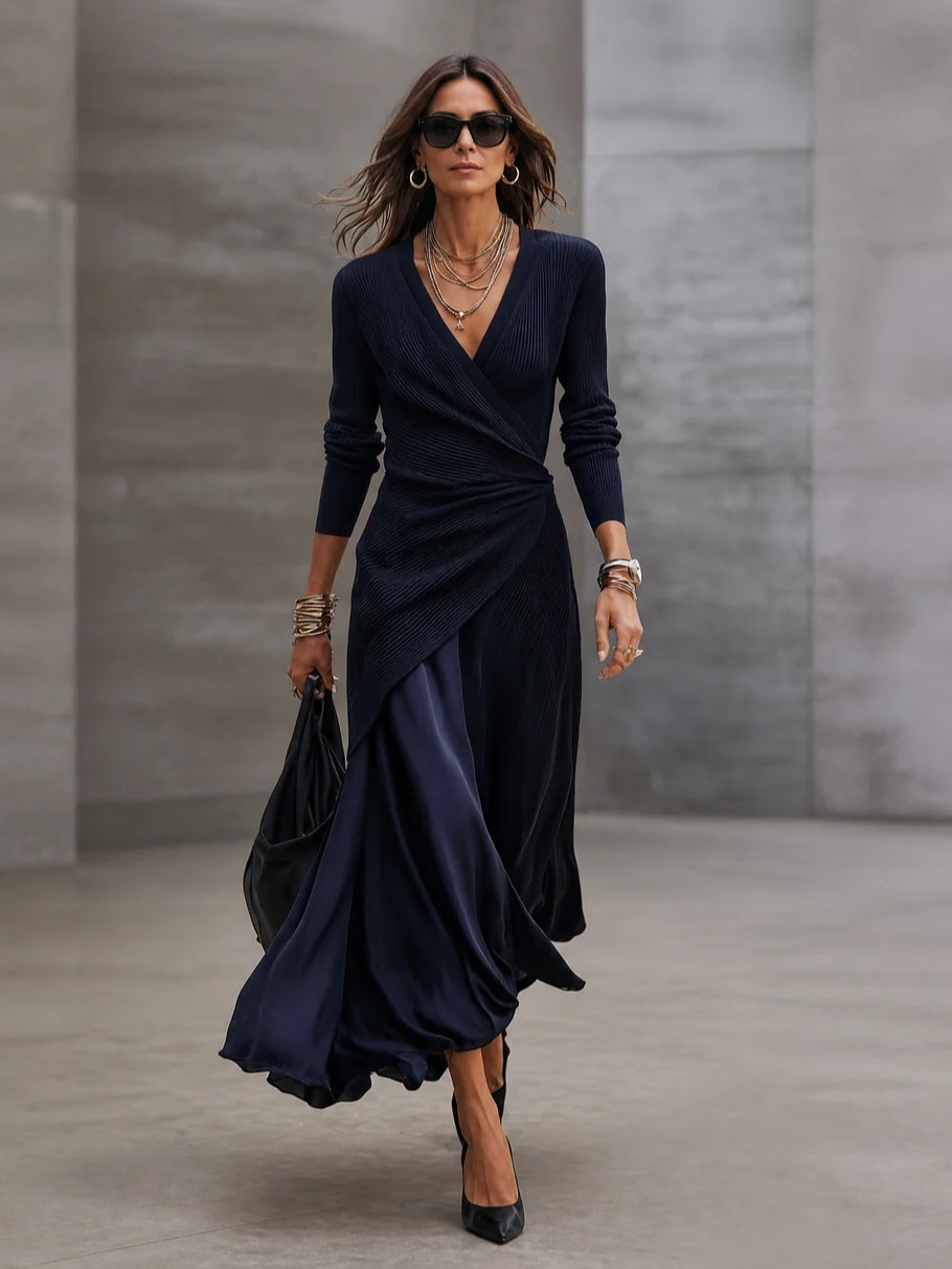 Navy V-neck Ribbed Asymmetrical Wrap Maxi Dress Set With Satin Paneling