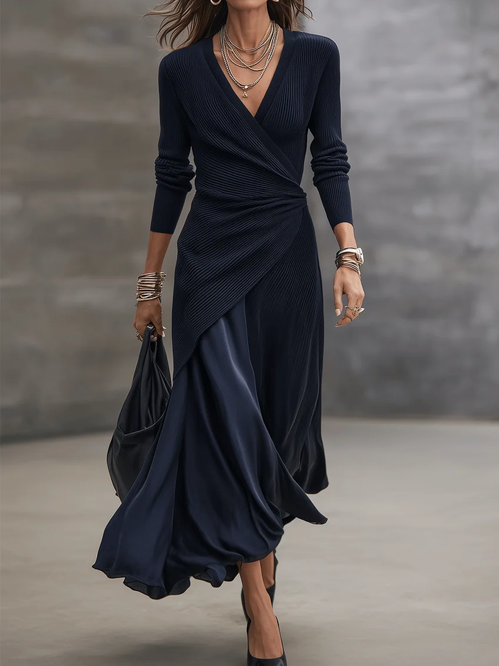 Navy V-neck Ribbed Asymmetrical Wrap Maxi Dress Set With Satin Paneling