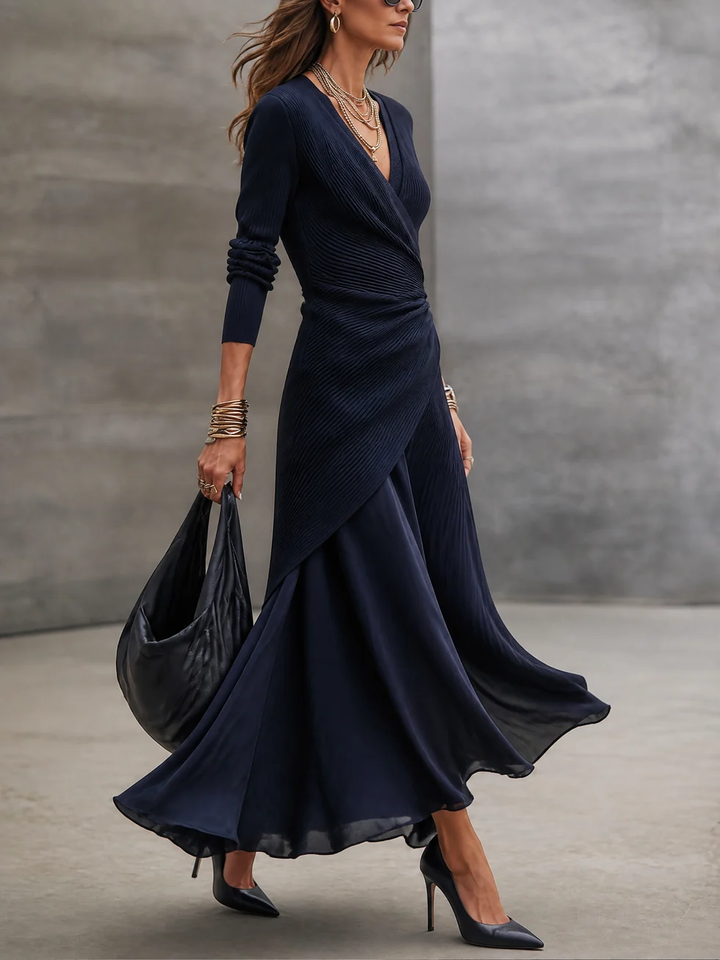Navy V-neck Ribbed Asymmetrical Wrap Maxi Dress Set With Satin Paneling
