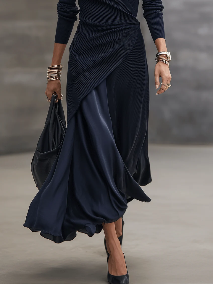 Navy V-neck Ribbed Asymmetrical Wrap Maxi Dress Set With Satin Paneling
