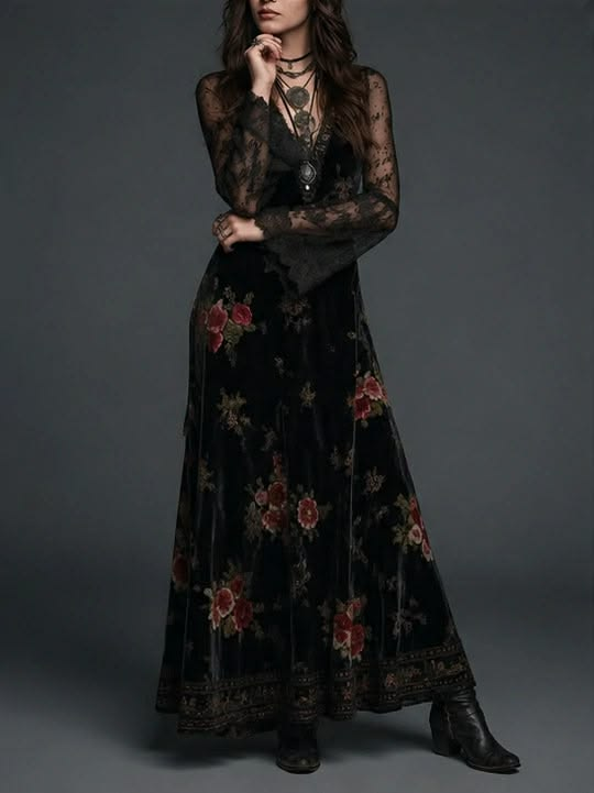 Black Velvet Maxi Dress With Floral Print And Lace Sleeves