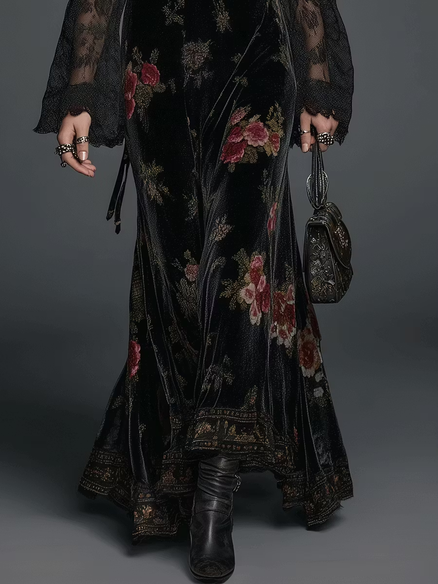 Black Velvet Maxi Dress With Floral Print And Lace Sleeves