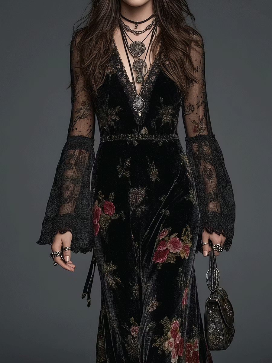 Black Velvet Maxi Dress With Floral Print And Lace Sleeves