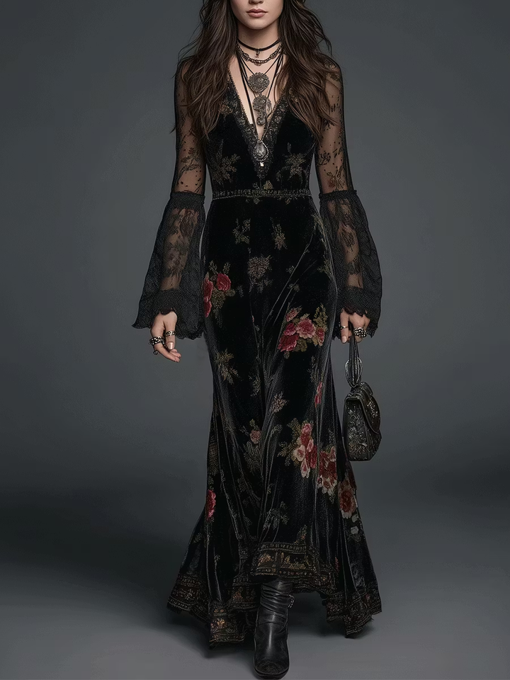 Black Velvet Maxi Dress With Floral Print And Lace Sleeves