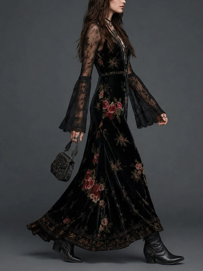 Black Velvet Maxi Dress With Floral Print And Lace Sleeves