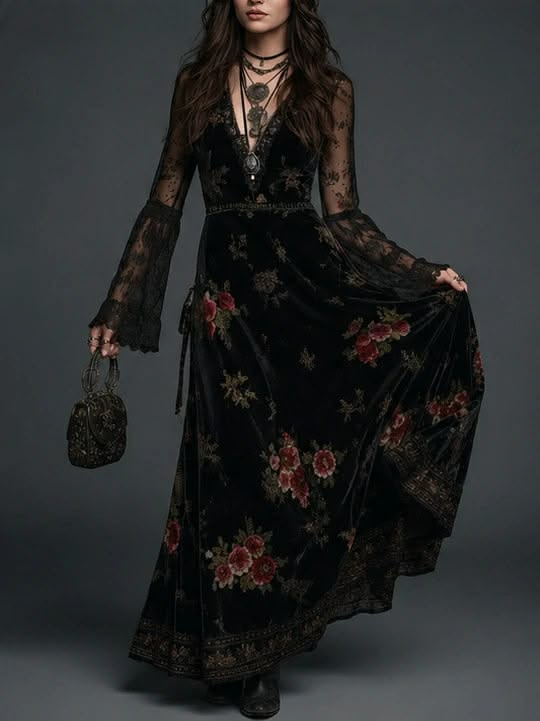 Black Velvet Maxi Dress With Floral Print And Lace Sleeves