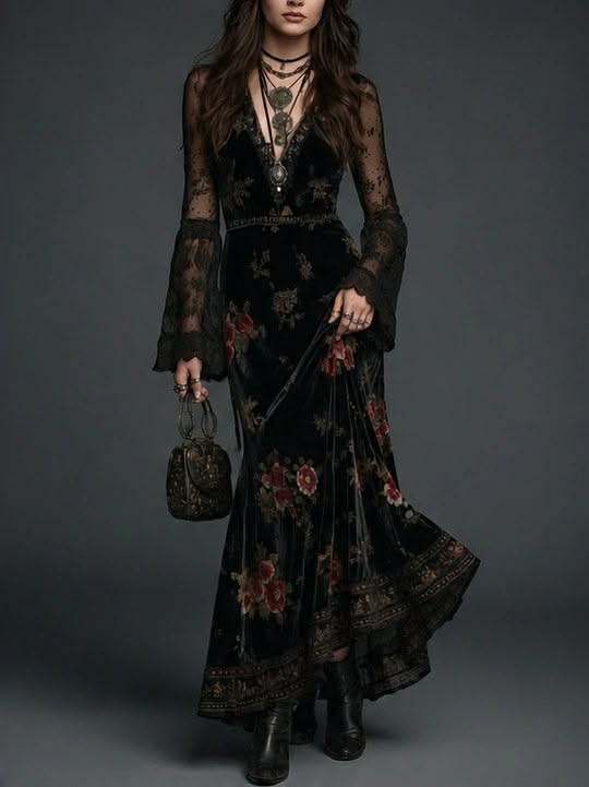 Black Velvet Maxi Dress With Floral Print And Lace Sleeves