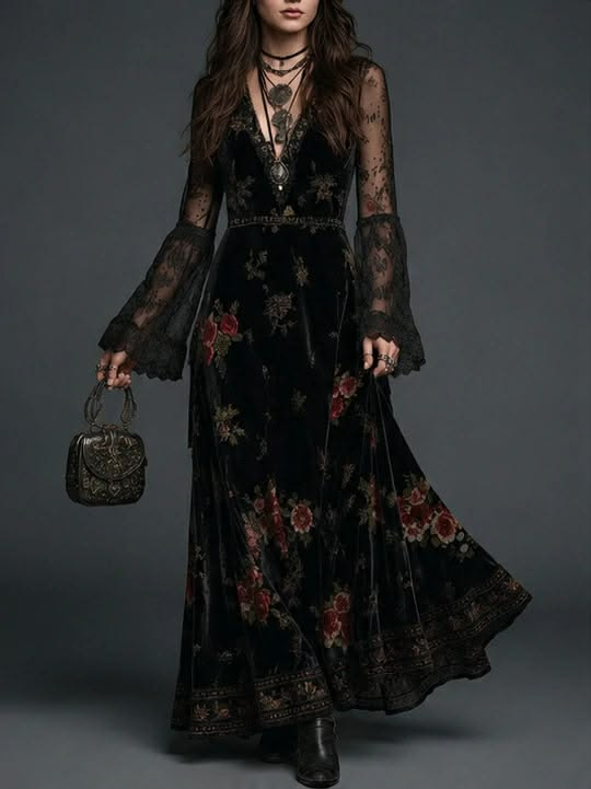 Black Velvet Maxi Dress With Floral Print And Lace Sleeves