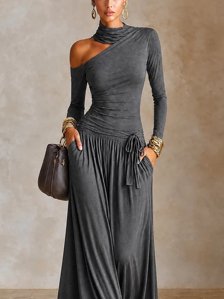 Dark Grey Asymmetric Off‑Shoulder Long Sleeve Vacation Maxi Dress