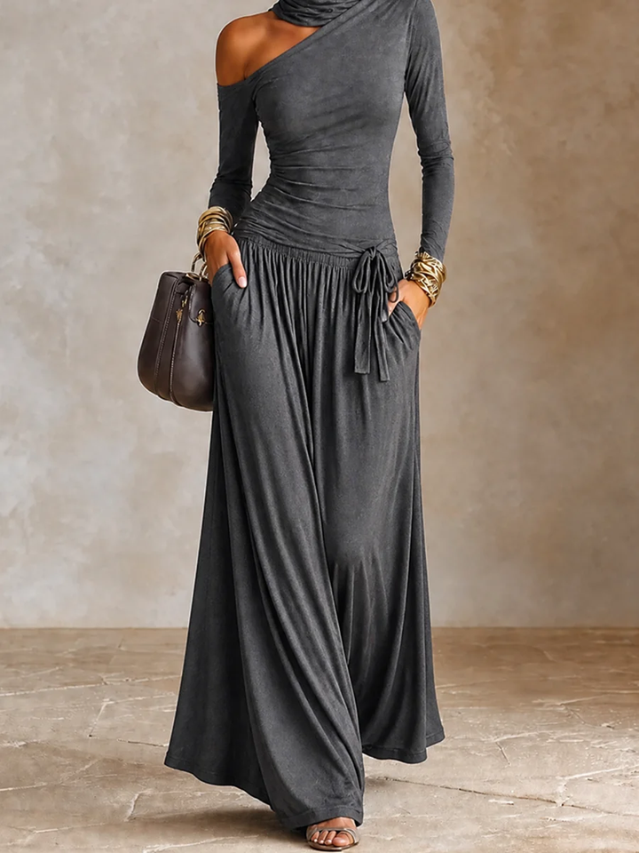 Dark Grey Asymmetric Off‑Shoulder Long Sleeve Vacation Maxi Dress