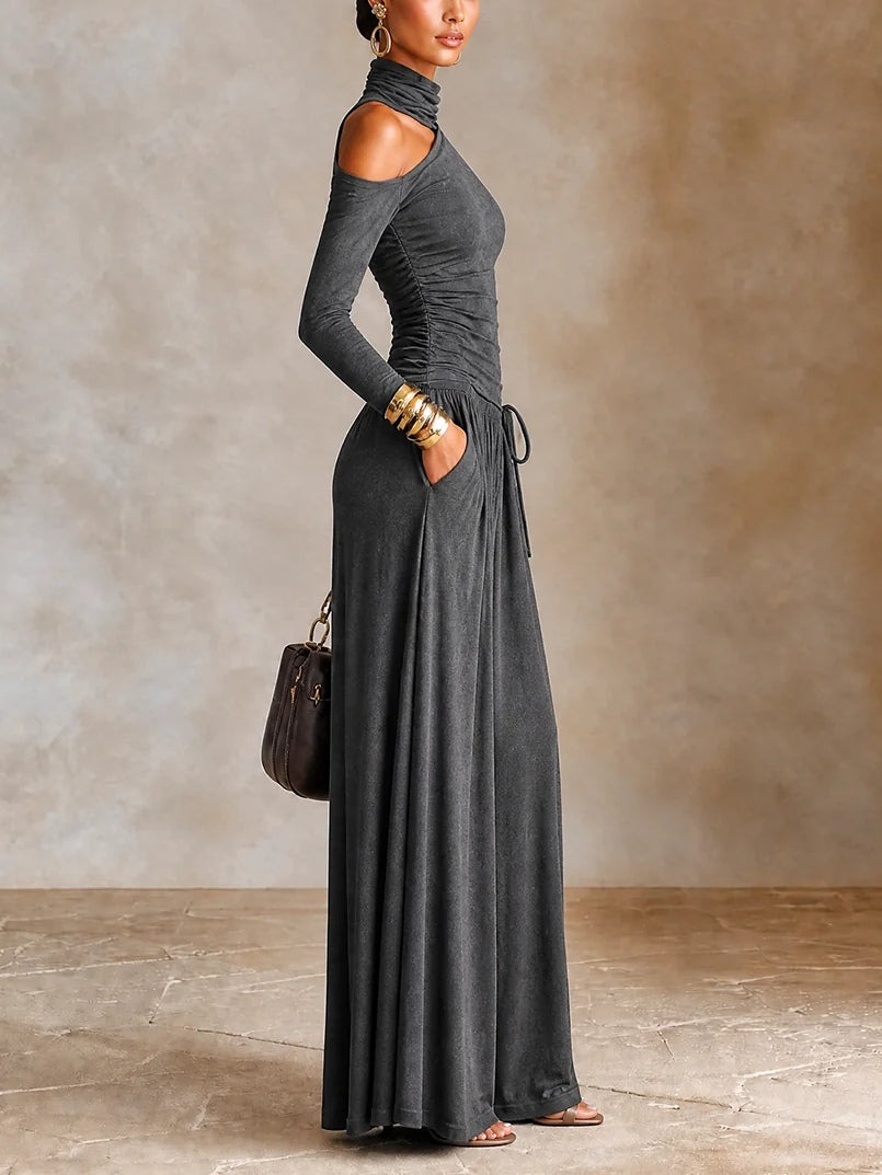 Dark Grey Asymmetric Off‑Shoulder Long Sleeve Vacation Maxi Dress